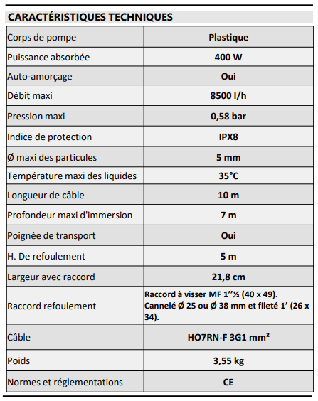 Caractéristiques pompe vide cave 400 LD Capvert