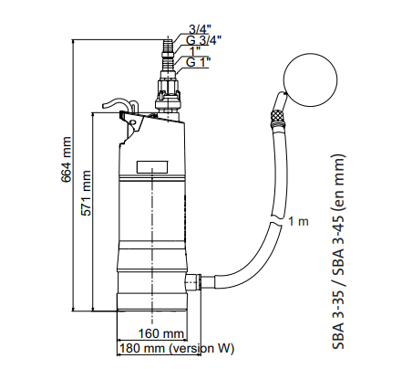 Dimensions pompe immergée - SBA 3-45 M - Grundfos