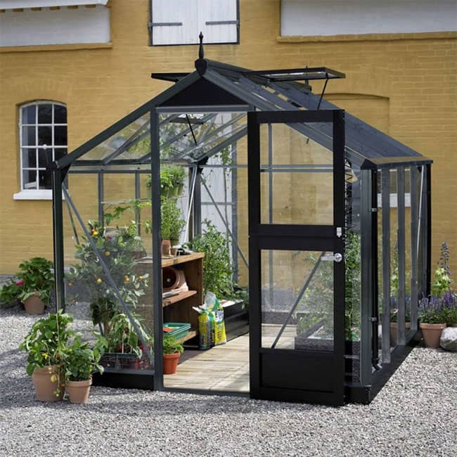Serre de jardin en verre trempé Compact Juliana 6,6 m² avec une structure en aluminium de couleur anthracite noir