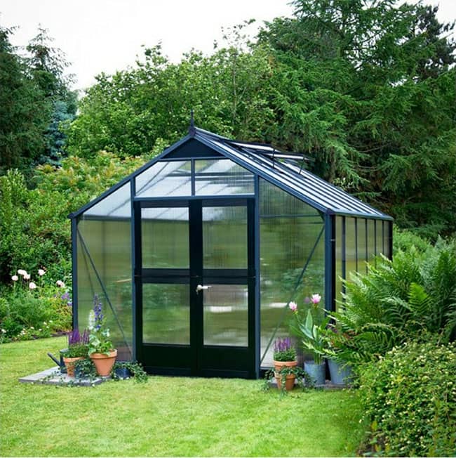 Serre de jardin en verre trempé Compact Juliana 8,8 m² avec une structure en aluminium de couleur anthracite noir
