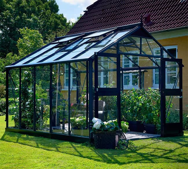 Serre de jardin en verre trempé Premium Juliana 10,9 m² avec une structure en aluminium de couleur anthracite noir