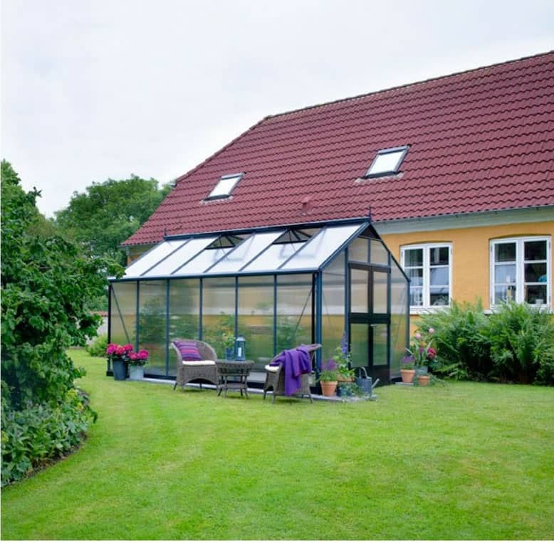 Serre de jardin en verre trempé Premium Juliana 13 m² avec une structure en aluminium de couleur anthracite noir