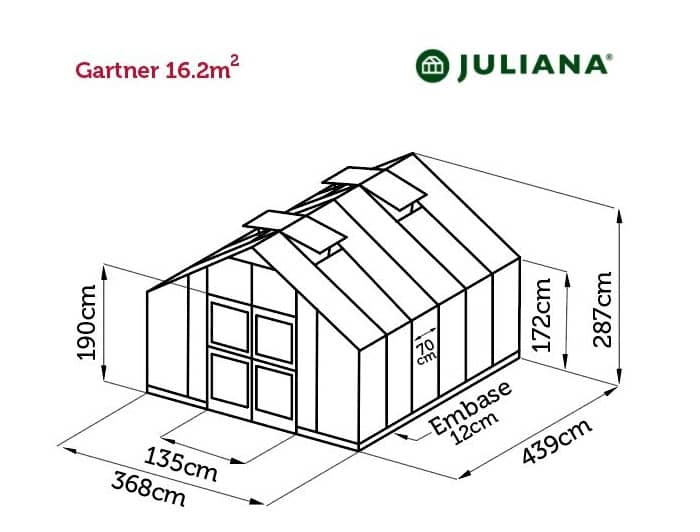 Dimensions de la serre Gartner Juliana avec structure en aluminium noir