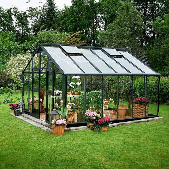 Serre de jardin en verre trempé Gartner Juliana 16,2 m² avec une structure en aluminium de couleur anthracite noir