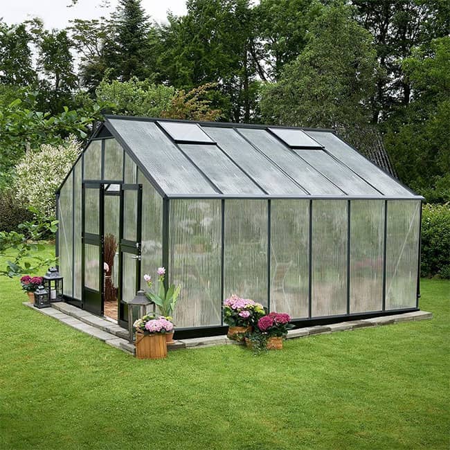 Serre de jardin en verre trempé Gartner Juliana 16,2 m² avec une structure en aluminium de couleur anthracite noir