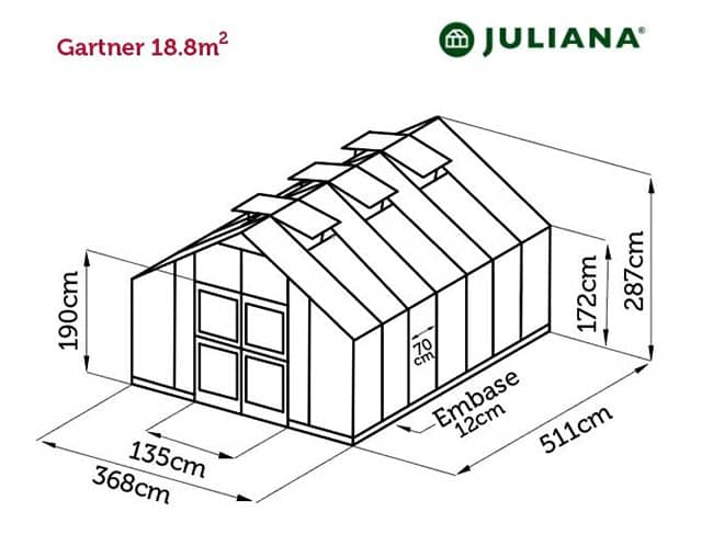 Dimensions de la serre Gartner Juliana avec structure en aluminium noir