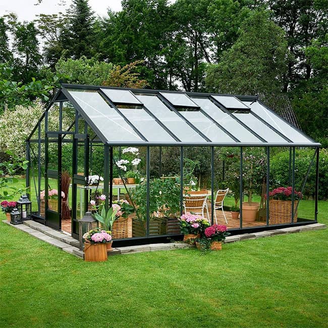 Serre de jardin en verre trempé Gartner Juliana 18,8 m² avec une structure en aluminium de couleur anthracite noir