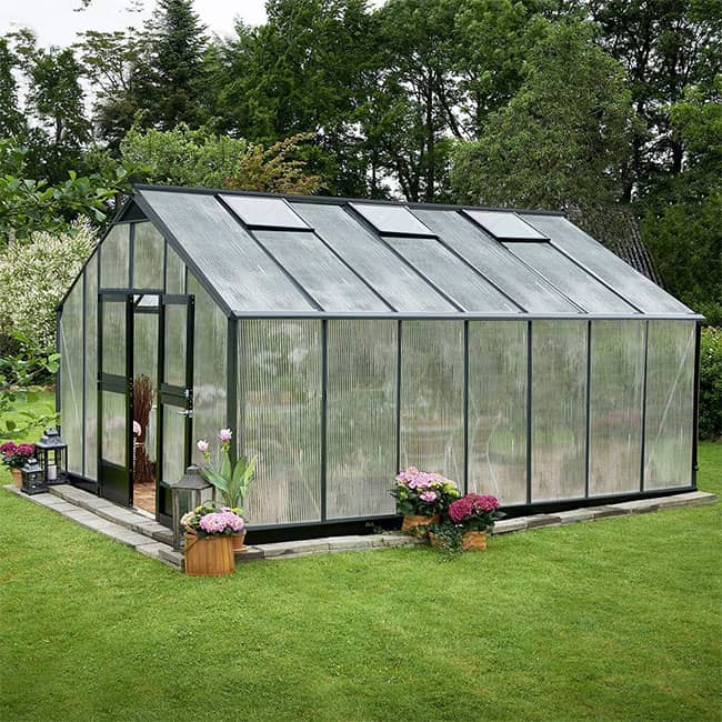 Serre de jardin en verre trempé Gartner Juliana 18,8 m² avec une structure en aluminium de couleur anthracite noir