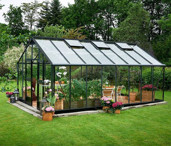 Serre de jardin en verre trempé Gartner Juliana 21,4 m² avec une structure en aluminium de couleur anthracite noir