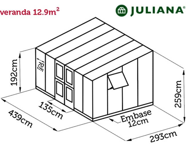 Dimensions de la serre Veranda Juliana avec structure en aluminium noir