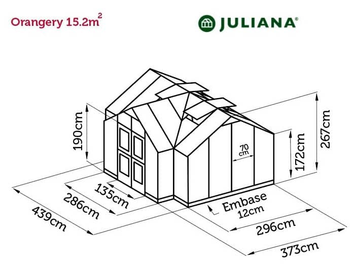 Dimensions de la serre Orangerie Juliana avec structure en aluminium bicolore