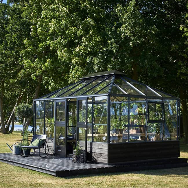 Serre de jardin en verre trempé Grand Oase Juliana 13 m² avec une structure en aluminium de couleur anthracite noir